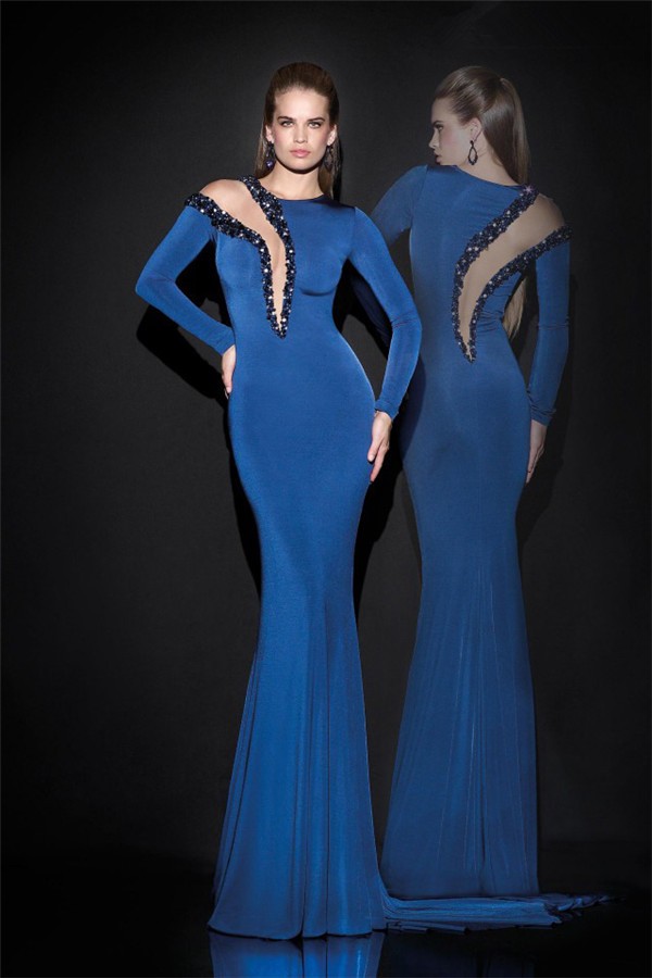 Unique Sexy Long Sleeve Royal Blue Jersey Beaded Evening Dress With Train