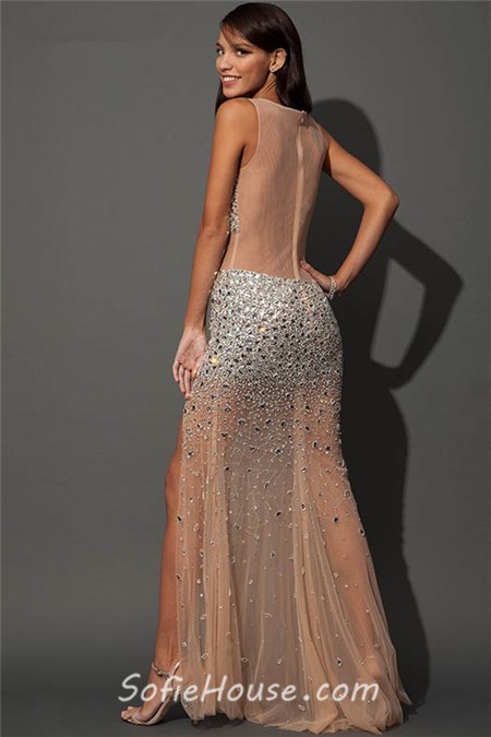Unique Sexy Sheer Illusion Neckline Back Long Nude Tulle Silver Beading Prom Dress With Slit