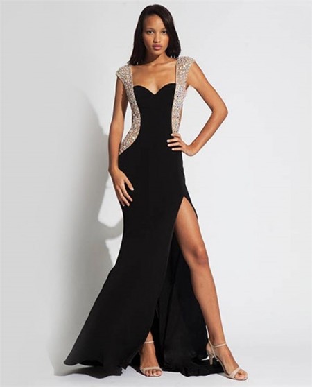 Unique Sexy Sweetheart Cap Sleeve Backless Long Black Chiffon Tulle ...