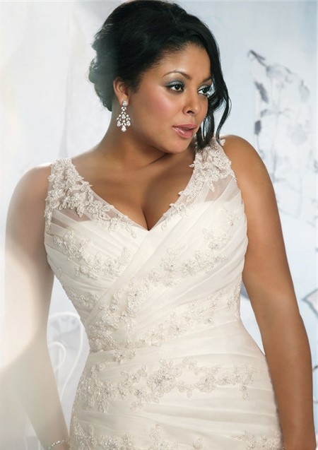 A Line V Neck Sheer Straps Ruched Organza Lace Plus Size Wedding Dress