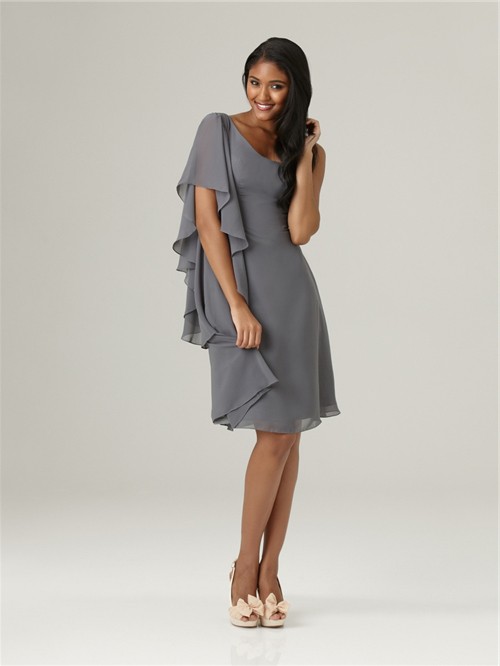 Elegant asymmetrical one sleeve short grey chiffon bridesmaid dress ...
