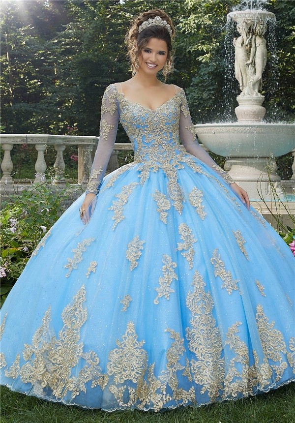 Ball Gown Prom Dress Long Sleeve Light Blue Tulle Gold Lace Quinceanera