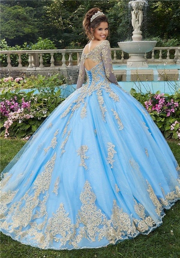 Ball Gown Prom Dress Long Sleeve Light Blue Tulle Gold Lace Quinceanera