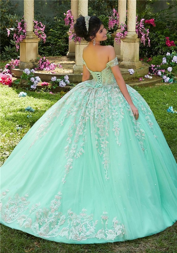 Beautiful Ball Gown Prom Dress Mint Green Tulle Lace Quinceanera Dress ...