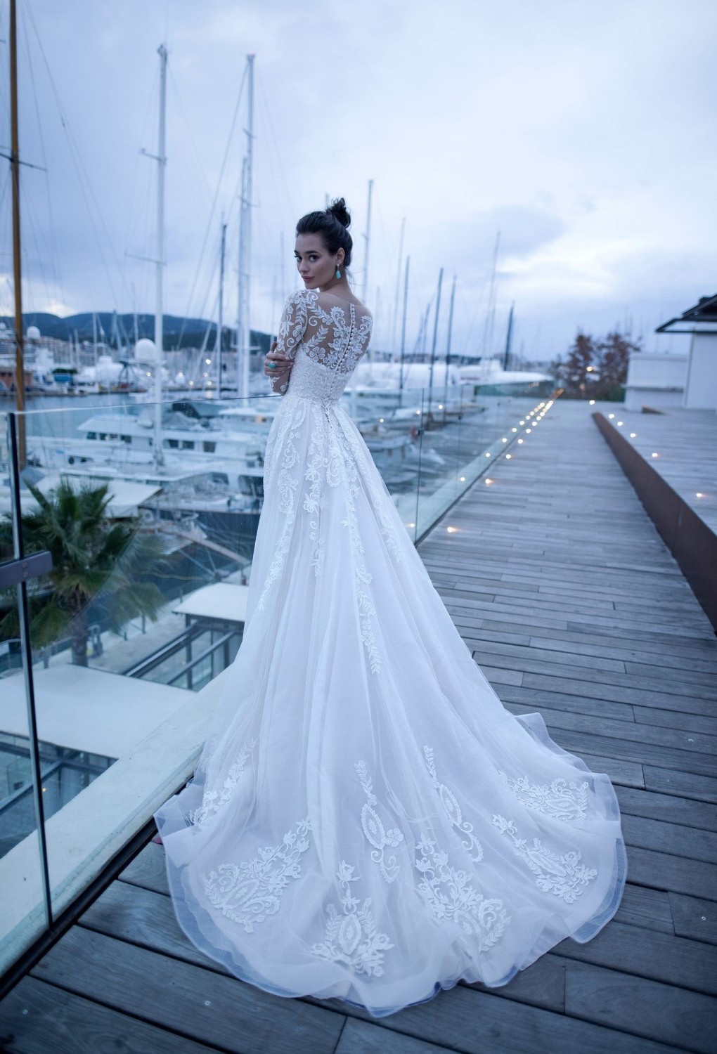 Charming Long Sleeve Lace Wedding Dress High Neck With Train