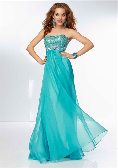 Elegant Sweetheart Neckline Long Turquoise Chiffon Beaded Prom Dress ...