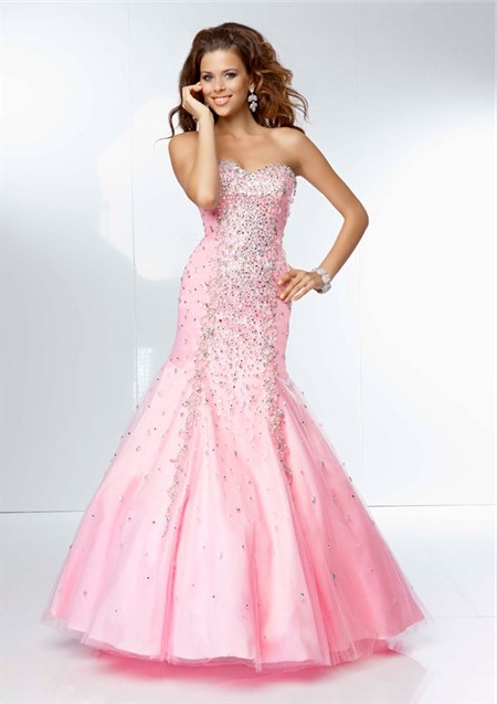 Mermaid Sweetheart Neckline Long Pink Tulle Beaded Prom Dress Corset Back 