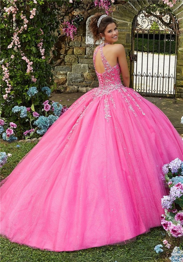 Lovely Ball Gown Prom Dress Hot Pink Tulle Lace Beaded Quinceanera Dress
