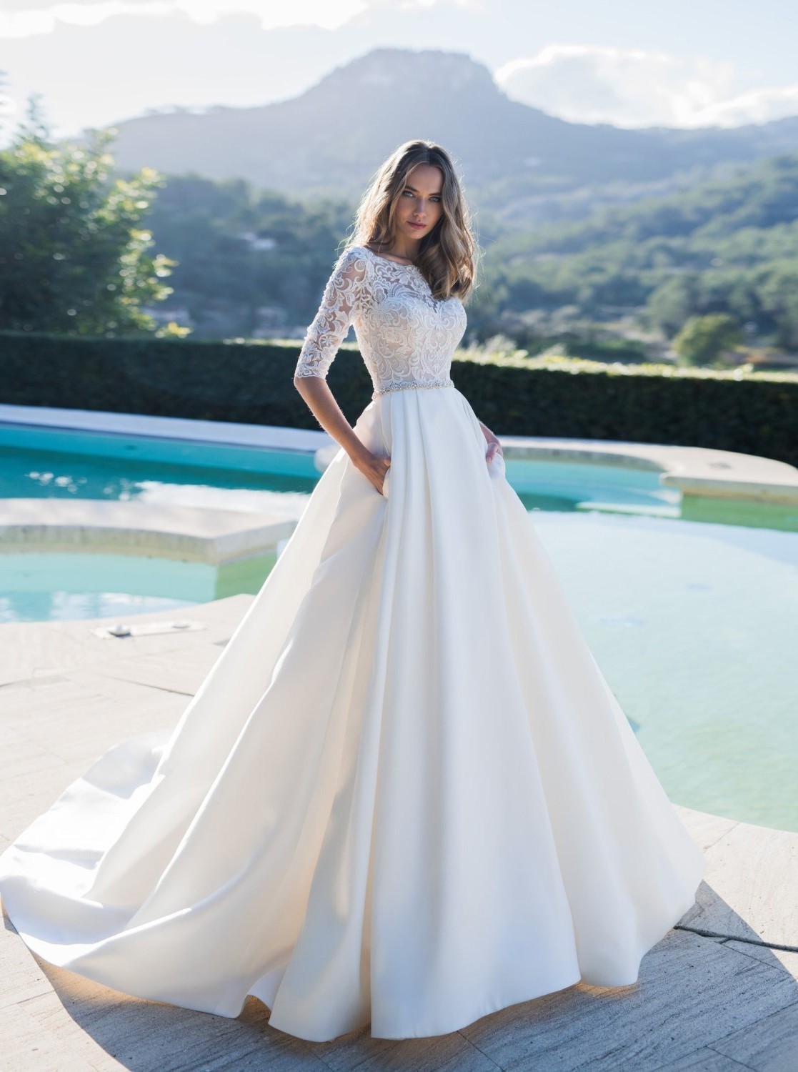Modest A Line Wedding Dress Satin Lace Sleeves With Pockets
