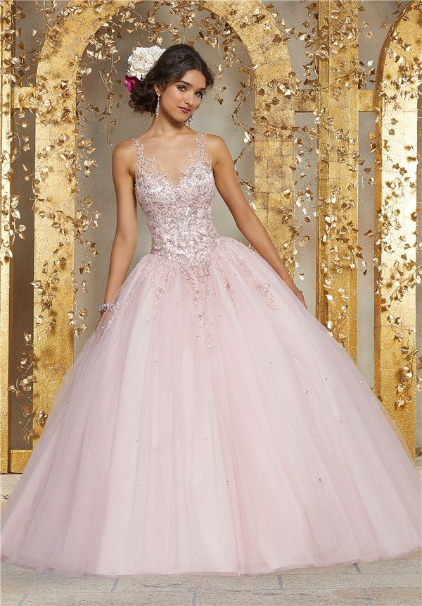 Quinceanera Dress Ball Gown Light Pink Tulle Beaded Prom Dress