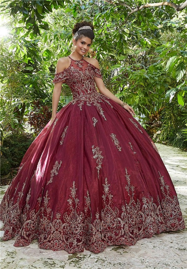 Quinceanera Dress Ball Gown Prom Dress Burgundy Tulle Gold Lace Cold