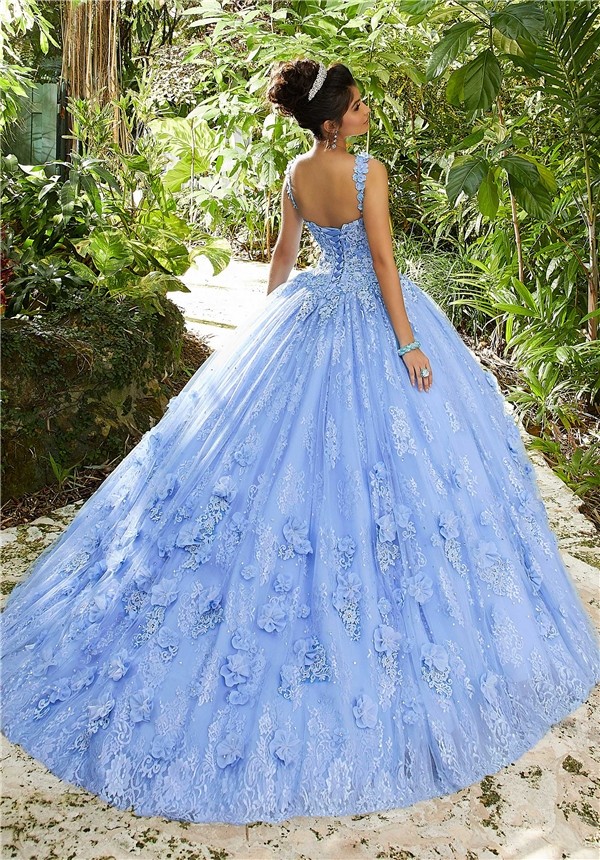 Quinceanera Dress Ball Gown Prom Dress Light Blue Lace Flower With Straps
