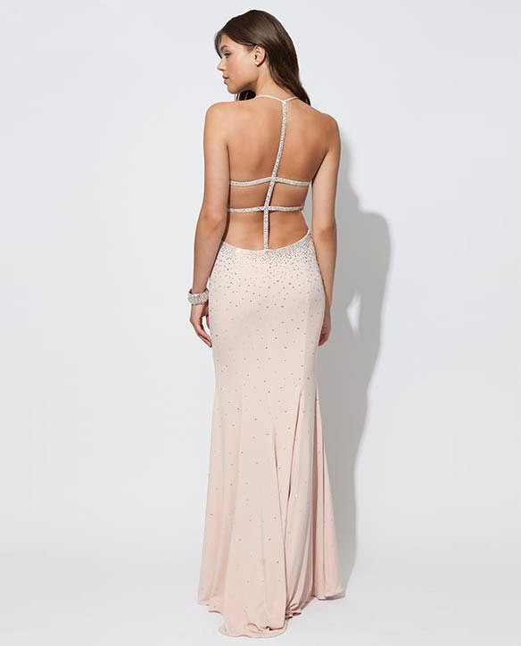 Sexy Front Key Hole Backless Long Light Pink Chiffon Beaded Prom Dress With  Straps