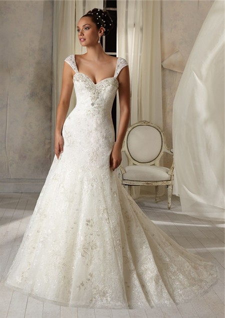 Slim A Line Princess Sweetheart Tulle Lace Crystal Wedding Dress With Straps
