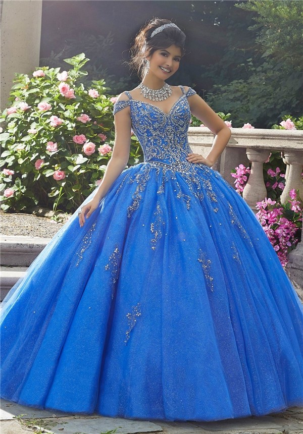 Stunning Ball Gown Prom Dress Blue Tulle Beaded Quinceanera Dress Cold ...
