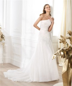 A Line Asymmetrical One Shoulder Draped Tulle Lace Beaded Wedding Dress