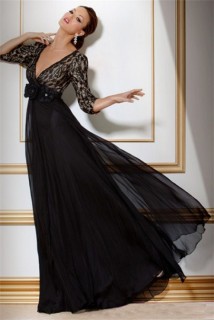 A Line Deep V Neck Empire Waist Long Black Chiffon Lace Women Evening Dress