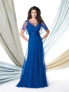 A Line Illusion Bateau Neckline Royal Blue Tulle Beaded Mother Of The Bride Evening Dress