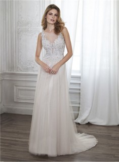 A Line Illusion Neckline Backless Tulle Lace Beaded Wedding Dress