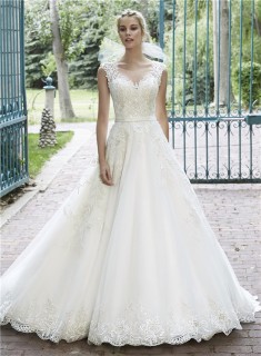 A Line Illusion Neckline See Through Back Lace Sparkly Wedding Dress With Belt