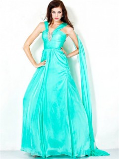 A Line Princess Long Aqua Blue Chiffon Evening Dress With Straps