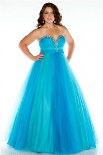 A Line Princess Sweetheart Long Blue Tulle Beaded Plus Size Evening Prom Dress