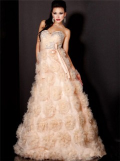 A Line Princess Sweetheart Long Peach Tulle Flowers Evening Prom dress With Sash