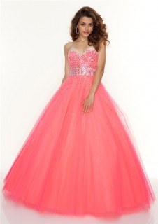 A-Line/Princess Sweetheart Floor Length coral tulle prom dress with sequins