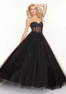 A-Line/Princess sweetheart see through black tulle prom dress with beading