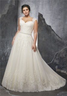 A Line Queen Anne Neckline Tulle Lace Plus Size Wedding Dress With Straps
