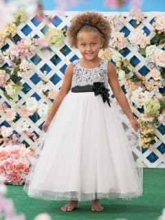 A Line Scoop White Black Tulle Lace Wedding Flower Girl Dress With Sash Flowers