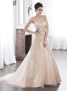 A Line Strapless Champagne Color Lace Applique Wedding Dress With Crystal Sash