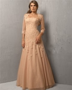A Line Strapless Long Champagne Tulle Lace Evening Dress With Bolero Jacket