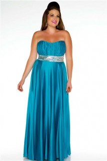 A Line Strapless Long Turquoise Silk Plus Size Evening Prom Dress With Sequins Sash
