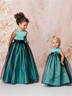 A-line Princess Scoop Floor Length Turquoise Taffeta Tulle Flower Girl Dress With Flowers Sash