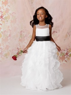 A-line Princess Scoop Floor length White Organza Flower Girl Dress with Ruffles Black Sash