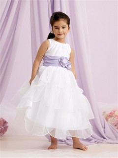 A-line Princess Scoop Tea Length White Organza Flower Girl Dress With Purple Flowers Sash