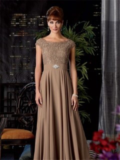 A line long brown chiffon beaded mother of the bride dress