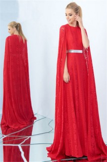 Adorable High Neck Long Red Lace Metal Belt Occasion Evening Dress With Cape