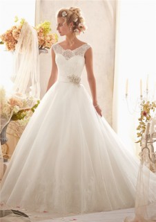 Ball Gown Cap Sleeve Illusion Back Tulle Lace Wedding Dress With Crystal Sash