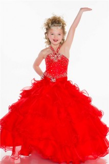 Ball Gown Halter Long Red Organza Ruffle Beaded Little Flower Girl Party Dress