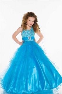 Ball Gown Halter Long Turquoise Tulle Beaded Little Flower Girl Party Dress