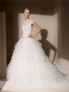 Ball Gown High Neck Cap Sleeve Layered Tulle Lace Wedding Dress With Crystals Beading
