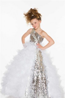 Ball Gown One Shoulder Long Silver Sequin White Organza Ruffle Little Girl Prom Dress