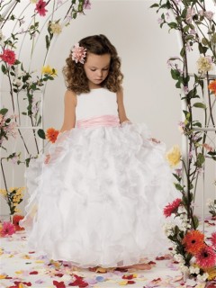 Ball Gown Scoop Floor Length White Organza Flower Girl Dress With Ruffles Sash