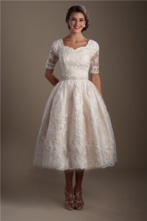 Ball Gown Short Sleeve Tea Length Lace Modest Wedding Dress