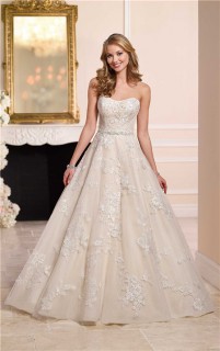 Ball Gown Strapless Champagne Satin Ivory Lace Wedding Dress Crystals Belt