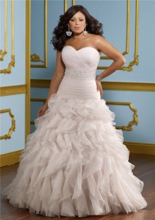 Ball Gown Sweetheart Neckline Organza Ruffle Beaded Belt Plus Size Wedding Dress