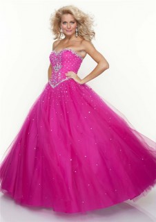 Ball Gown sweetheart floor length fuchsia tulle beaded prom dress with corset