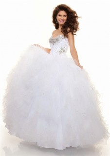 Ball Gown sweetheart floor length white organza prom dress with ruffles